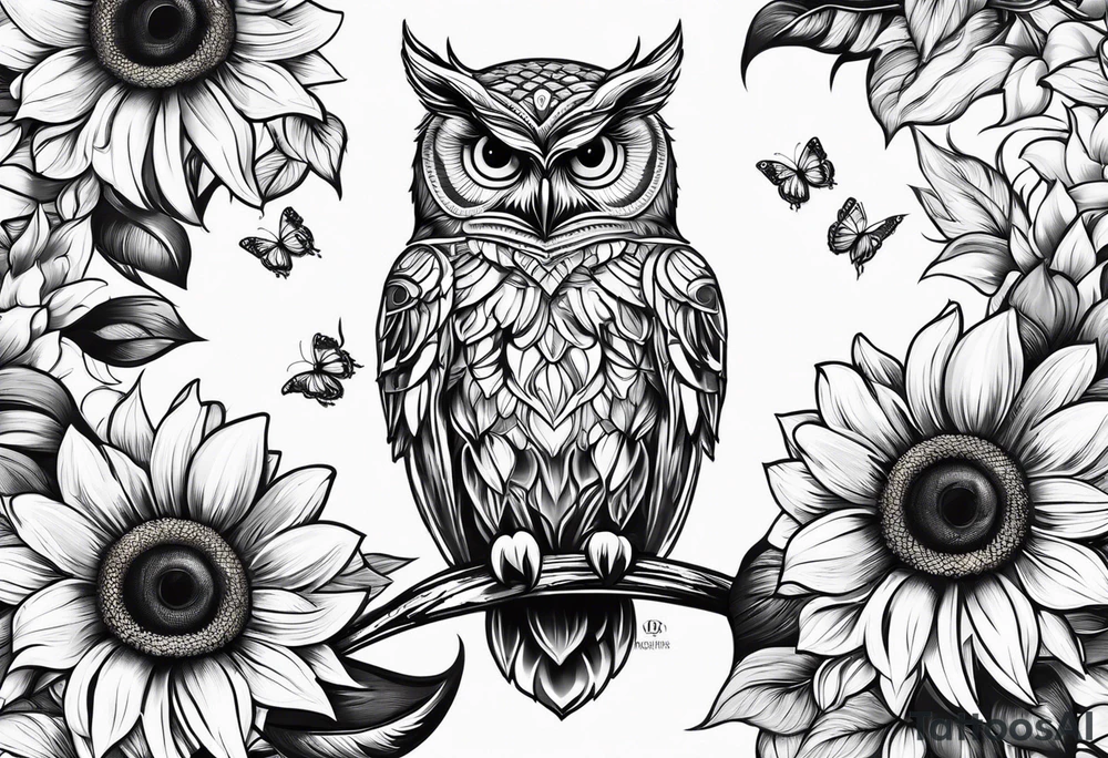 Owl, sunflower with a butterfly tattoo idea