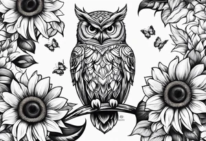 Owl, sunflower with a butterfly tattoo idea