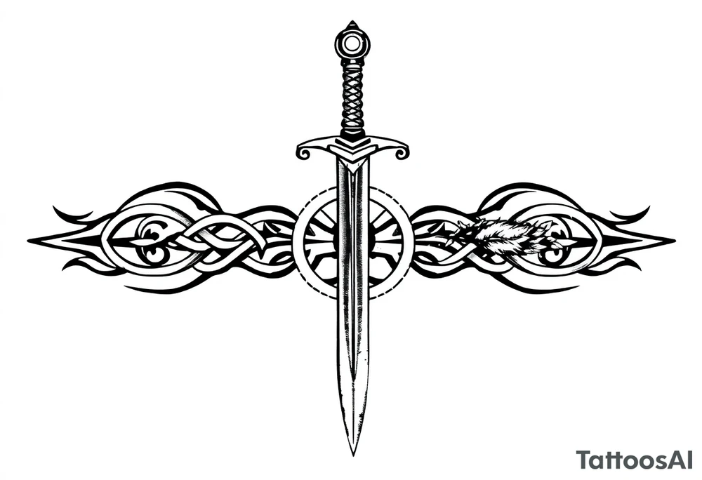 Armband tattoo combining a Celtic knot with a sword and nature tattoo idea