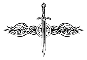 Armband tattoo combining a Celtic knot with a sword and nature tattoo idea