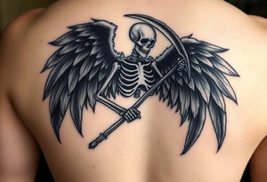 A skeletal angel holding a scythe, with dark smoky wings that seem to fade into shadows. The scythe glows with an ethereal silver light. tattoo idea