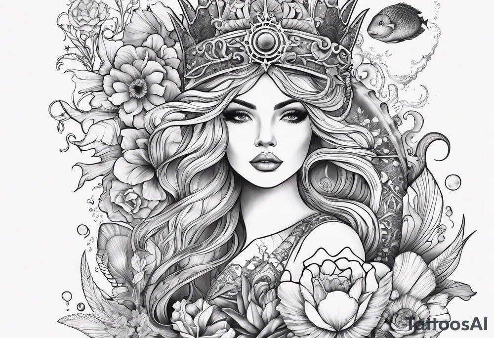 Lower leg tattoo. Mermaid with trident and crown, sea turtle, compass, shells, flowers, cresent moon tattoo idea