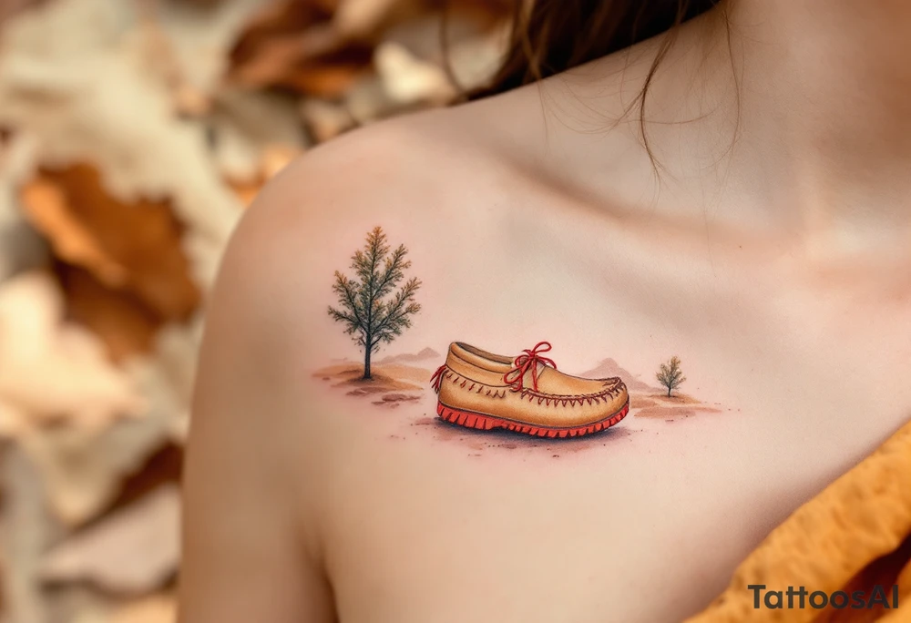 A brown moccasin print with red stitching details, walking across a dusty trail. tattoo idea