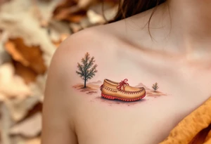 A brown moccasin print with red stitching details, walking across a dusty trail. tattoo idea
