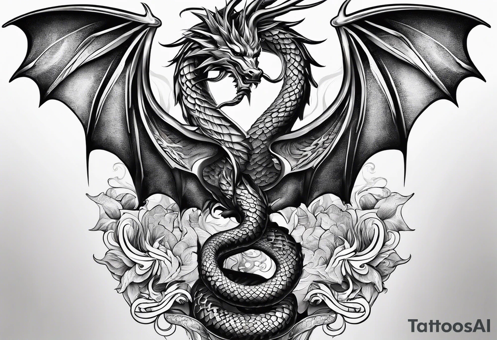 caduceus; intricate fine line and abstract with realism replace snakes with eastern dragons tattoo idea