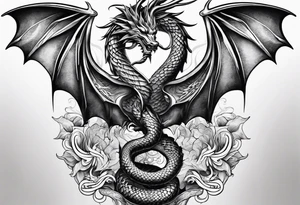 caduceus; intricate fine line and abstract with realism replace snakes with eastern dragons tattoo idea