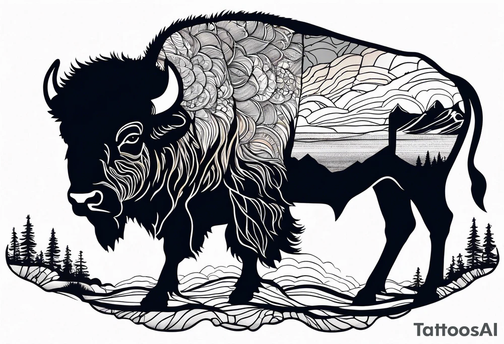 grand prismatic spring in a 
bison silhouette tattoo idea