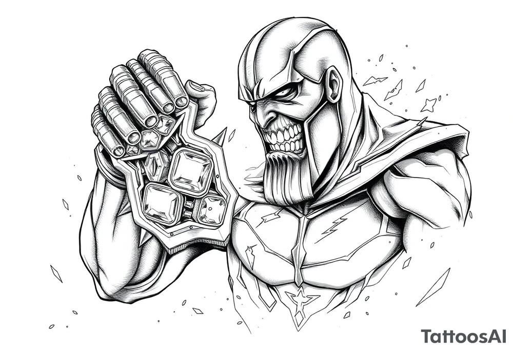 thanos with infinity gaulet filled with infinity stones fighting avengers tattoo idea