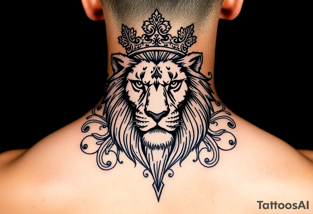 majestic lion wearing ornate crown, surrounded by baroque flourishes tattoo idea