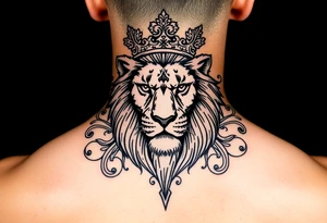 majestic lion wearing ornate crown, surrounded by baroque flourishes tattoo idea