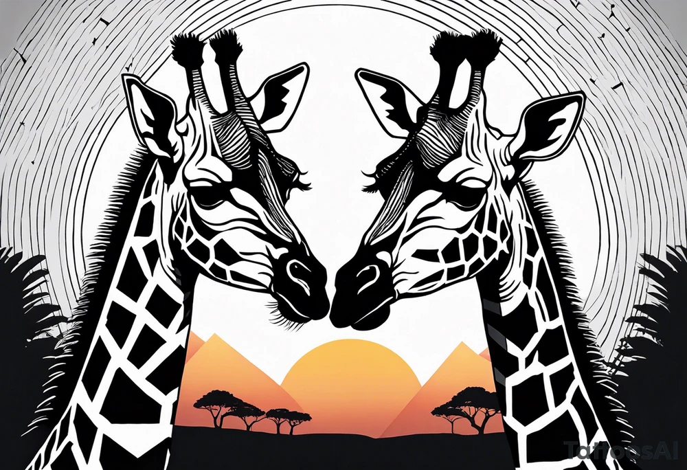 Two young giraffes standing in front of a sunset with one having a halo over its head tattoo idea
