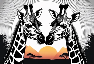 Two young giraffes standing in front of a sunset with one having a halo over its head tattoo idea