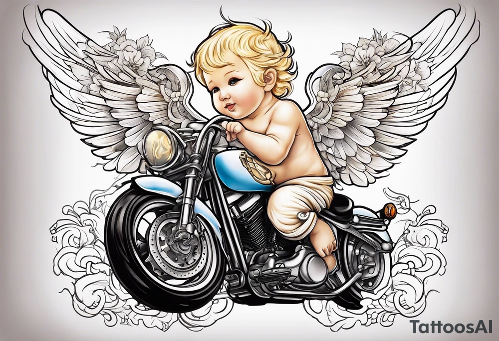 white, blonde cherub with harley davidson wings tattoo idea