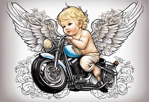 white, blonde cherub with harley davidson wings tattoo idea