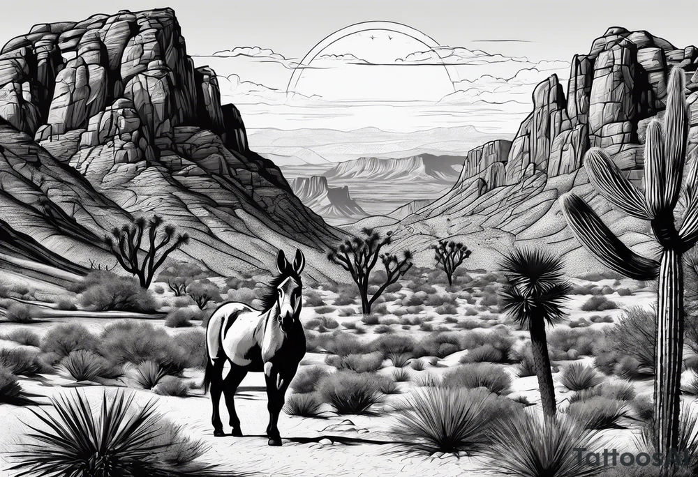 Desert mountain with a donkey and a Joshua tree. Keep gladiator in the background tattoo idea