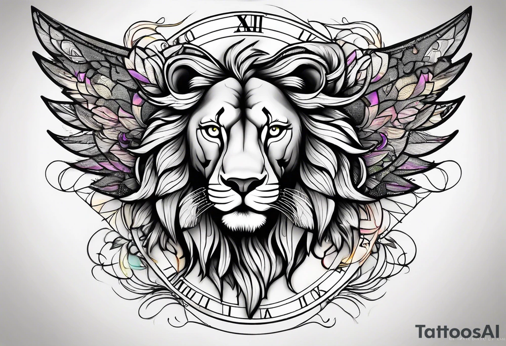 Lioness with wings clock tattoo idea