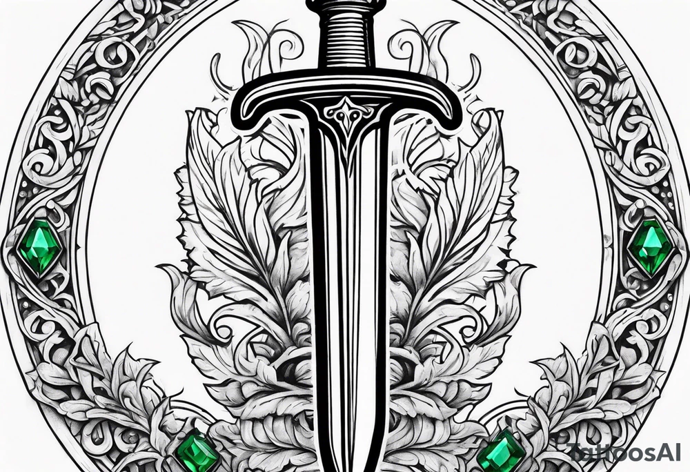 Athame dagger with an oak hilt turned upright and emerald gemstones tattoo idea