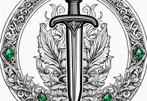 Athame dagger with an oak hilt turned upright and emerald gemstones tattoo idea