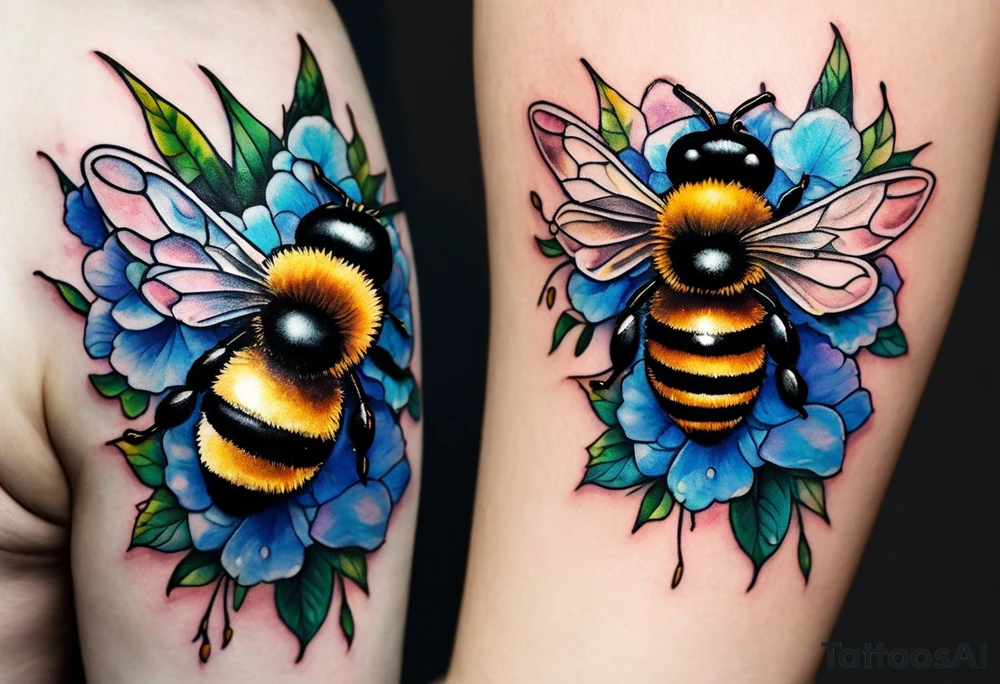 Small tattoo. There’s a hydrangea and a bee but they are not touching. The bee is small and off to the side. tattoo idea