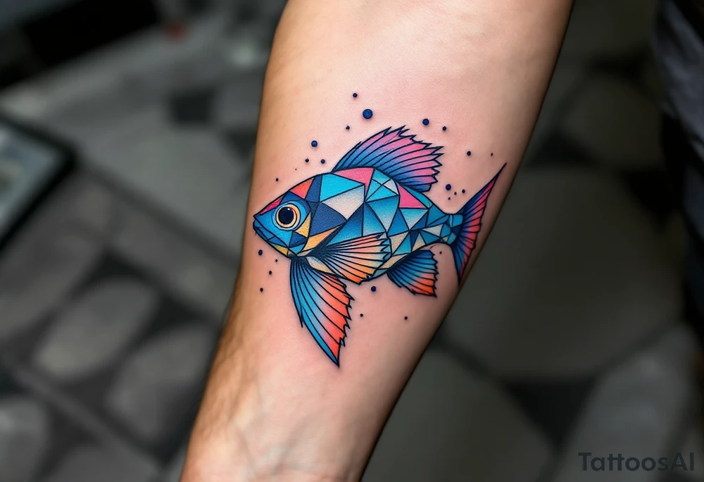 Geometric Catfish – A catfish formed with sharp angular segments in gradient shades of blue, fins segmented with triangle patterns, and a dotwork water base. tattoo idea