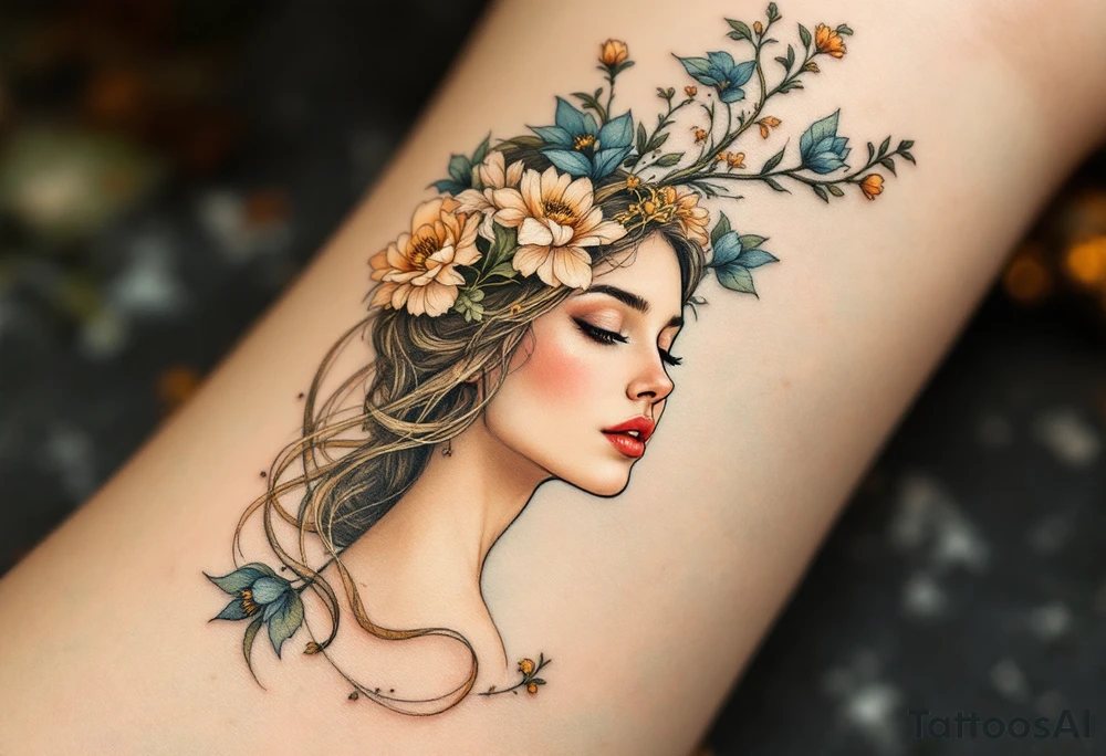Alfons Mucha’s dreamy portrait of a woman with flowers in her hair, posed against an ornate arch in aged brass and soft sage. tattoo idea