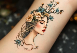 Alfons Mucha’s dreamy portrait of a woman with flowers in her hair, posed against an ornate arch in aged brass and soft sage. tattoo idea