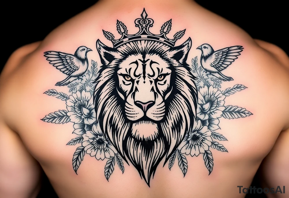 powerful majestic lion with a crown, surrounded by floral ornaments and birds tattoo idea