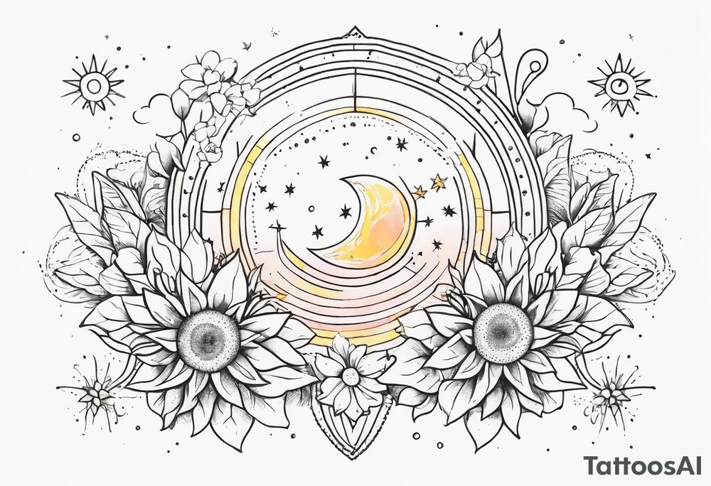 fine line with sun, stars, floral, dots. Sternum tattoo tattoo idea