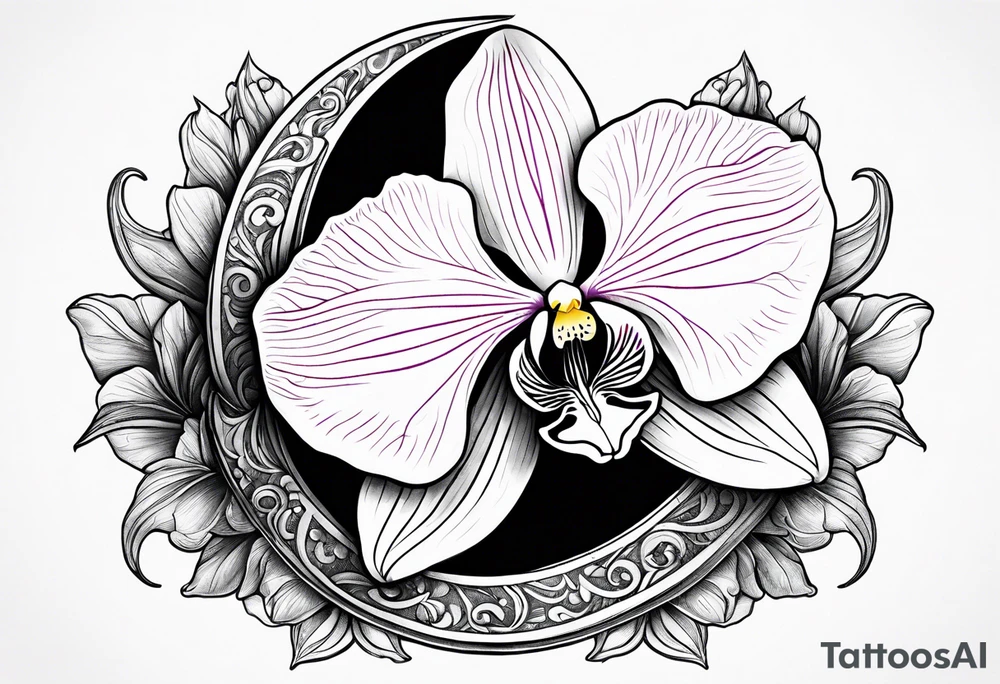 Orchid sitting on a crescent moon tattoo idea