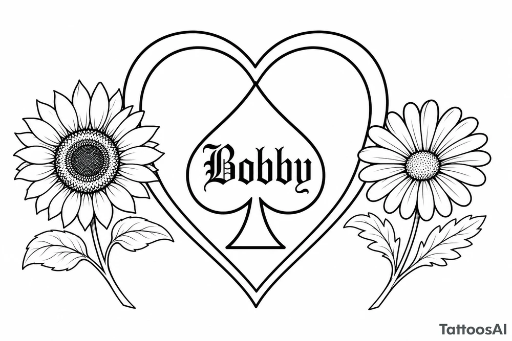 Bobby middle center inside the middle of the spade with a heart around the spade with a sunflower and a daisy on each side of the heart very super extremely traceable to trace onto notebook paper, very super extremely easy and simple traceable tracing black and white outlining outline coloring pages very super extremely traceable to trace onto notebook paper tattoo idea