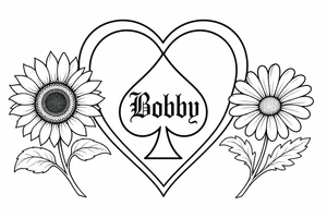 Bobby middle center inside the middle of the spade with a heart around the spade with a sunflower and a daisy on each side of the heart very super extremely traceable to trace onto notebook paper, very super extremely easy and simple traceable tracing black and white outlining outline coloring pages very super extremely traceable to trace onto notebook paper tattoo idea