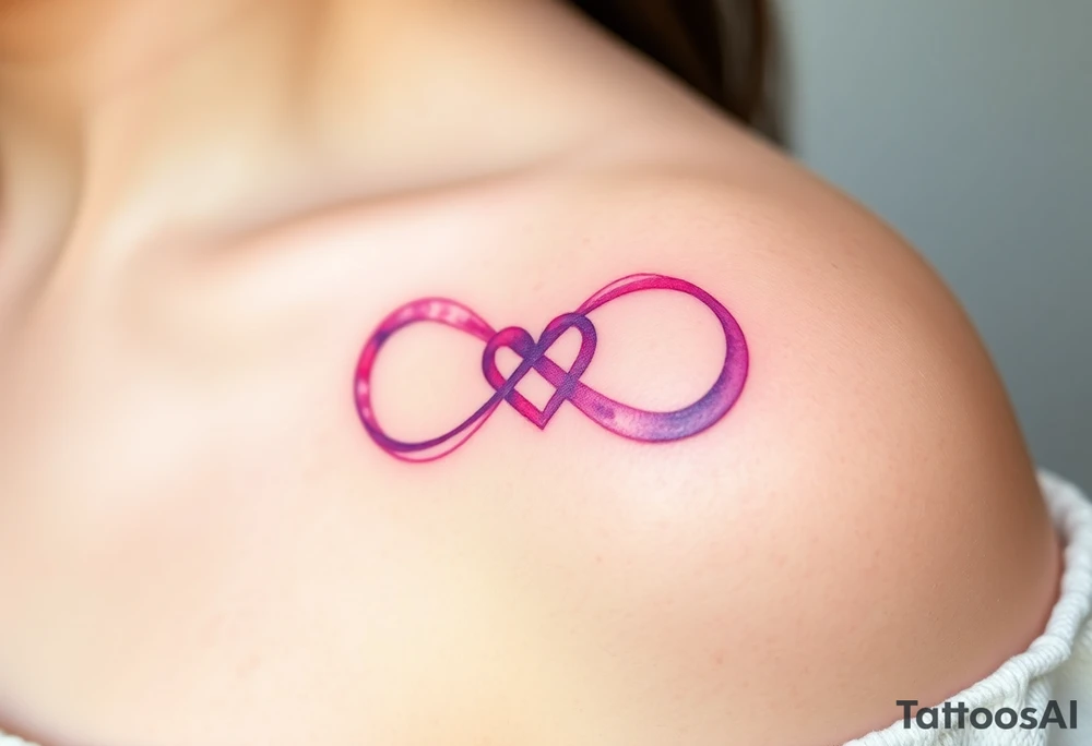 A soft watercolor infinity symbol blending pink and purple hues, with a tiny heart at the center, creating a dreamy effect tattoo idea