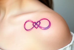 A soft watercolor infinity symbol blending pink and purple hues, with a tiny heart at the center, creating a dreamy effect tattoo idea