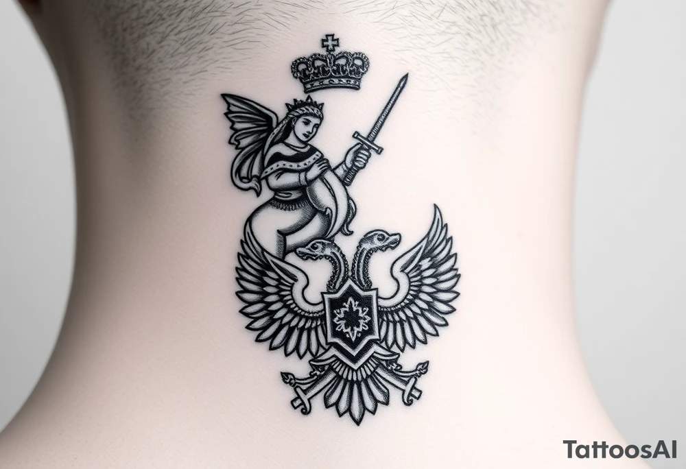 St. George slaying the dragon (hugely common in Russian Orthodox art)
Russian imperial crown above the eagle
Crossed swords or a Russian sabre
The Kremlin or St. Basil's Cathedral scene tattoo idea