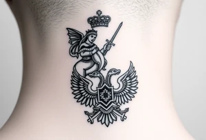 St. George slaying the dragon (hugely common in Russian Orthodox art)
Russian imperial crown above the eagle
Crossed swords or a Russian sabre
The Kremlin or St. Basil's Cathedral scene tattoo idea