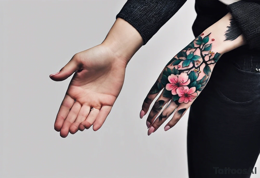 i have a human hand pointing at a skeleton hand tattoo on my left shoulder, the human hand is on the left and ends 3 cm into the wrist of the hand, i want a cherry blossom branch to sprout out of the wrist on the tattoo, then travel down to my arm and wrap around my bicep once, this bit can be floral, then it needs to narrow down and fit through a 7 cm gap in on my forearm then eventually ending in a 10 cm gap on my wrist, this gap can be filled with more blossom flora, this tattoo needs to go all the way down my arm so it needs to be long, the tattoo will start at my shoulder and go all the way down my arm tattoo idea