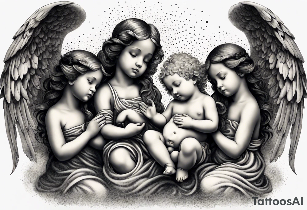 Six angels praying together. The two boy angels are standing in the back of the three girl angel, with their wings gently enfolding a baby angel in a protective embrace tattoo idea
