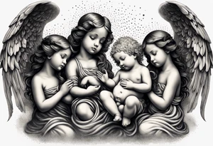 Six angels praying together. The two boy angels are standing in the back of the three girl angel, with their wings gently enfolding a baby angel in a protective embrace tattoo idea