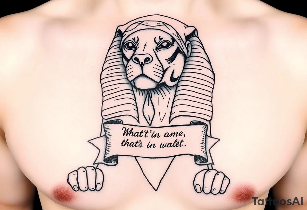 "Sphinx wearing a bandana, teardrop tattoo under its eye. Riddle scroll says: 'What’s in my wallet? (Answer: NFT deeds to the pyramids)'.  

Style: Prison tattoo meets hieroglyph carving. Black ink, chest piece." tattoo idea