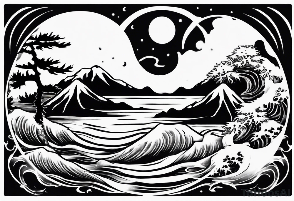 daytime yin with sun and ocean waves imagery in style of Hokusai with night time yin with moon and fir trees and mountains. edges should be blurred tattoo idea