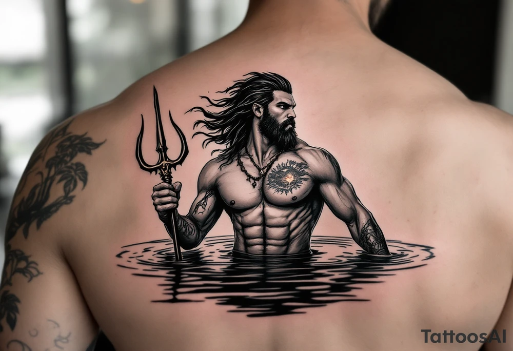 young, fit poseidon in calm water, holding a trident, drinking a beer, with sunset tattoo idea