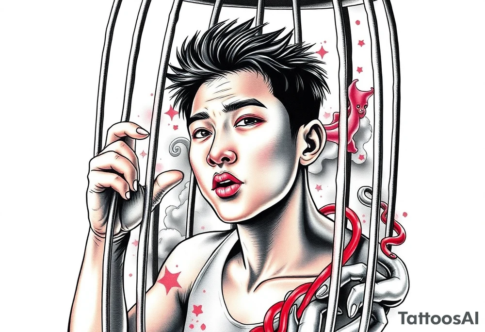 Handsome Asian young guy in scary cage tattoo idea