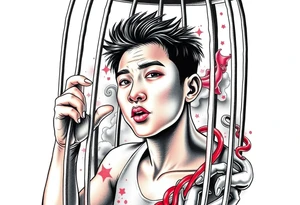Handsome Asian young guy in scary cage tattoo idea