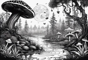 A siren under the stars in a swamp with cypress trees, mushrooms, frogs and bugs. tattoo idea