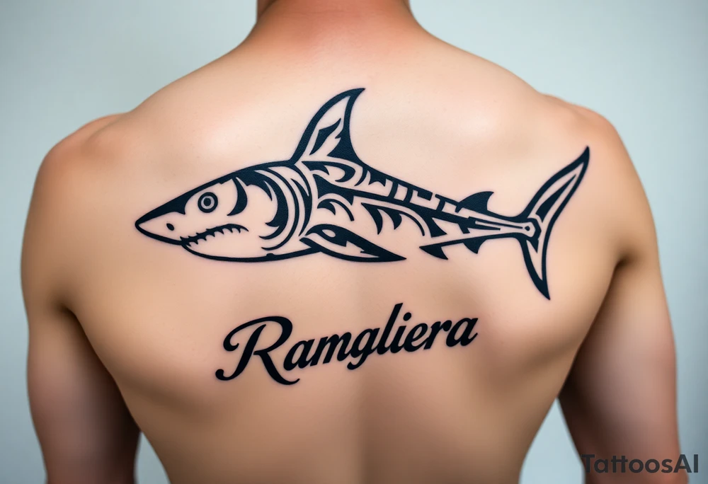 hammerhead shark with Rangiroa text on the back tattoo idea