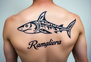 hammerhead shark with Rangiroa text on the back tattoo idea