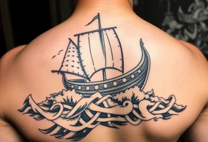 Viking longship sailing through stormy seas, intricate knotwork details, dramatic lighting. tattoo idea