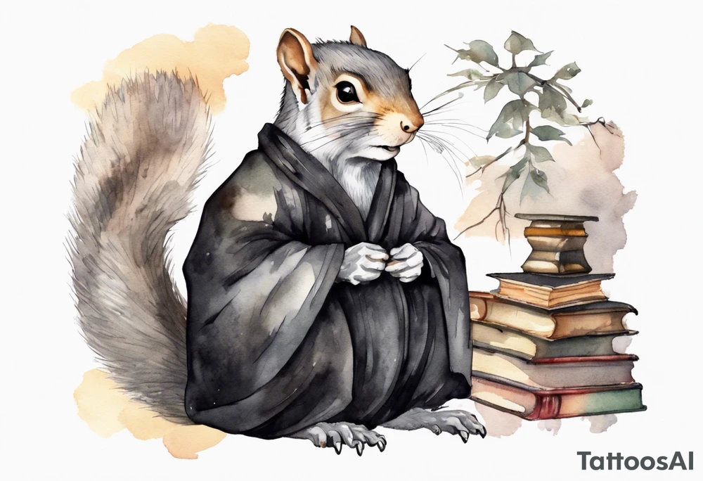 an elderly grey squirrel with a long beard wearing a black robe sitting in an ancient library tattoo idea