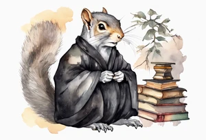 an elderly grey squirrel with a long beard wearing a black robe sitting in an ancient library tattoo idea