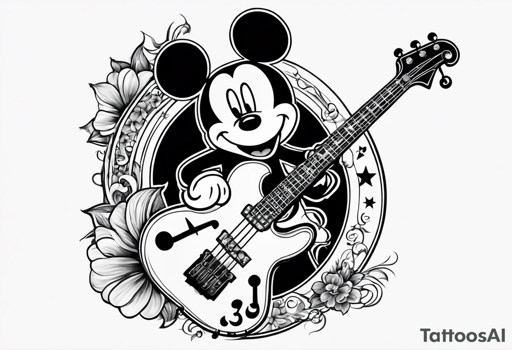 A well balanced tattoo full left arm with the following images: a bass guitar, 2 stars, 1 quarter moon, a caduceus symbol and a mickey mouse tattoo idea